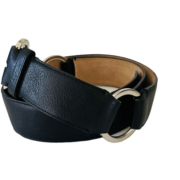 Ann Taylor Black Leather Dual Ring Belt Womens Large Silver Buckle & Design - Picture 2 of 14